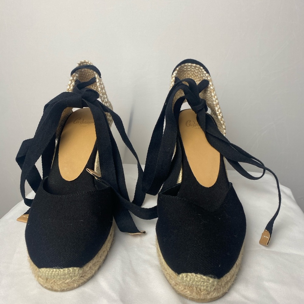 Castaner Black Espadrille Wedges with Tan Accents